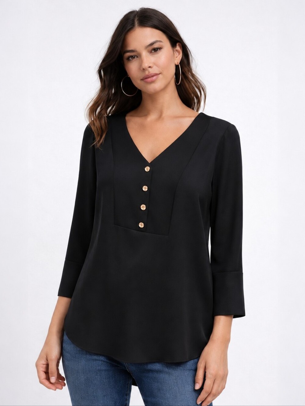 Joseph Ribkoff Black Blouse – Size 8 – Gold Buttons – Elegant Minimalist Top